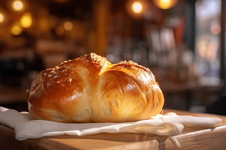 Fresh baked croissant on wooden table in cafe, closeupの素材