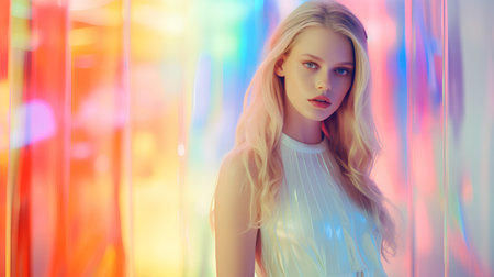 Beautiful young woman with long blonde hair and bright make-upの素材