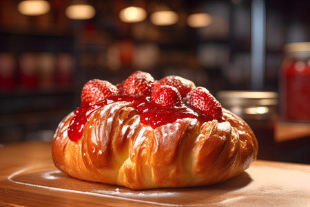 Strawberry croissant on a wooden board in a cafeの素材