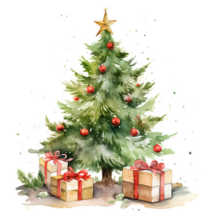 Watercolor Christmas tree with gifts. Hand drawn illustration isolated on white backgroundの素材