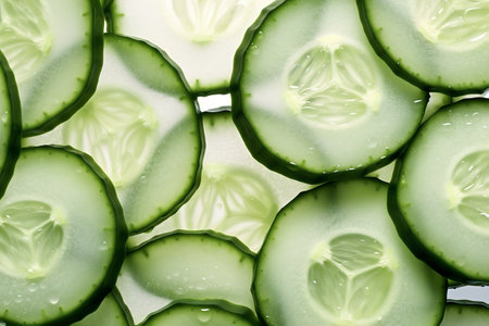 Cucumber slices close up as a background, top view.の素材