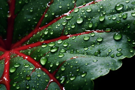 Leaf with water droplets on black background. Close up.の素材