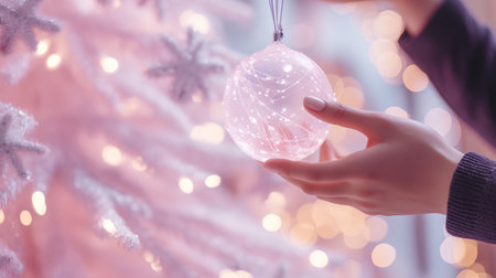 Female hands holding Christmas tree toy on bokeh background. Christmas and New Year conceptの素材