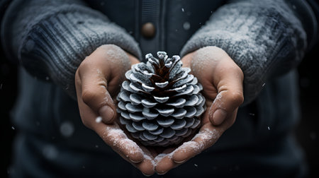 Female hands holding pine cone covered with snow on dark background. Winter conceptの素材