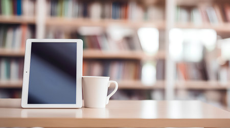 Coffee cup and tablet on table in library. Blurred background.の素材