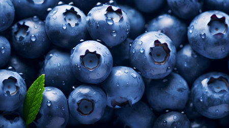 Fresh blueberries with water drops close up. Blueberry background.の素材