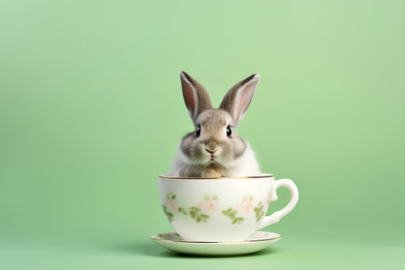 Cute Easter bunny in a cup of coffee on a green backgroundの素材