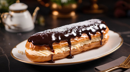 Delicious eclairs with chocolate and cream on a plate.の素材
