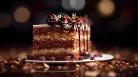 Piece of chocolate cake on a black background with bokehの素材
