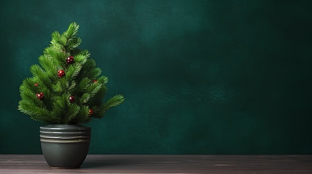Christmas tree in a pot on a green background. 3d renderの素材