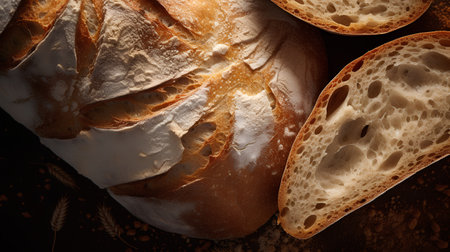 Composition with bread and wheat ears on dark background. Toned.の素材