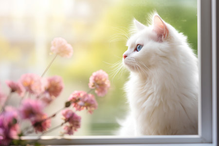 Beautiful white cat with blue eyes sitting on the window with pink flowersの素材