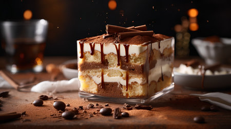 Piece of tiramisu cake with chocolate on a dark backgroundの素材