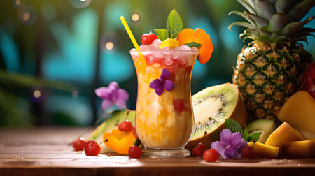 Fruit smoothie with pineapple, kiwicot, mango, cherry and mint on wooden tableの素材