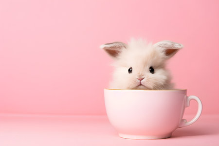Cute little bunny in a pink cup on a pink background.の素材