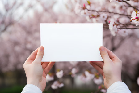 Blank paper card in female hands. Cherry blossom background.の素材
