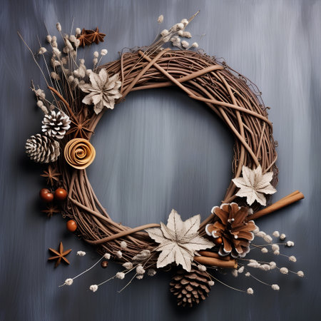 Autumn wreath on a dark wooden background with space for textの素材