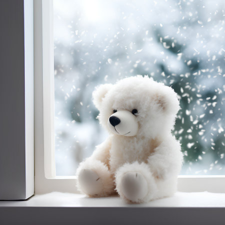 Teddy bear sitting on the window sill with snowflakes in the backgroundの素材