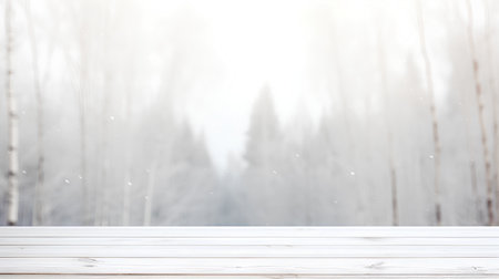 Wooden table top on blurred winter forest background with snowflakesの素材
