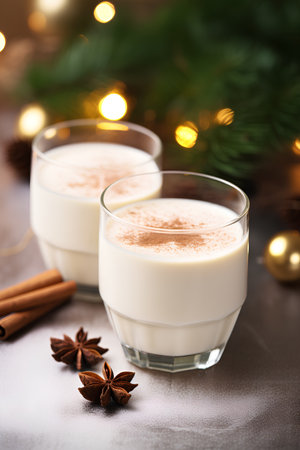 Traditional eggnog with cinnamon and star anise on a Christmas backgroundの素材