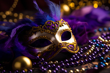 Mardi Gras mask with feathers and beads on wooden background.の素材