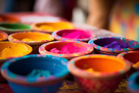 Indian Festival Holi, Colorful Holi powder in bowls.の素材
