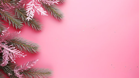 Fir branches with pink snowflakes on pink background. Top view, flat layの素材