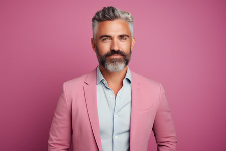 Portrait of handsome mature man with grey hair and beard. Isolated on pink backgroundの素材