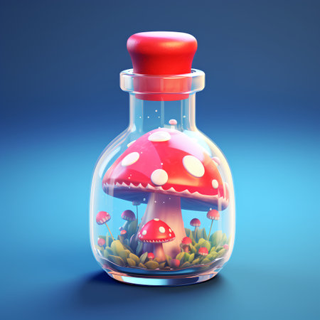 Magic potion in a glass bottle with mushrooms. 3d illustration.の素材
