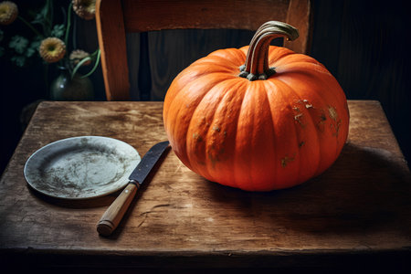 Pumpkin and knife on a wooden table in rustic styleの素材