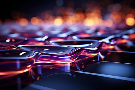 abstract 3d illustration of glowing glass cubes in a dark backgroundの素材