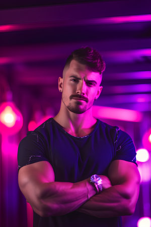 Portrait of a handsome young man standing with crossed arms in a nightclub.の素材