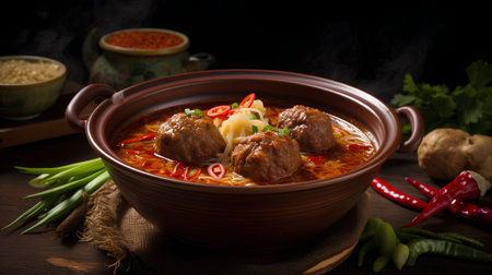 Soup with meatballs in a clay pot on a black backgroundの素材