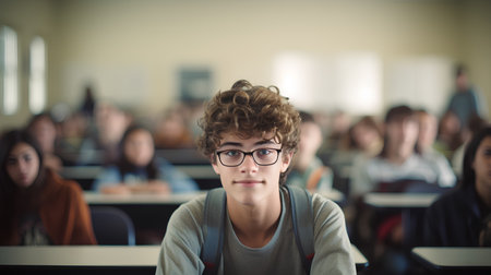 Portrait of a teenage boy looking at camera while sitting in a classroomの素材