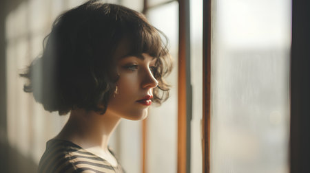 Portrait of a beautiful young woman with curly hair looking through the windowの素材