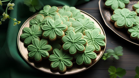 Green cookies in the form of a clover on a wooden backgroundの素材