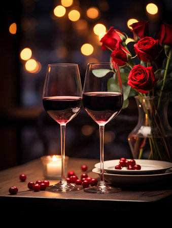 Two glasses of red wine and bouquet of red roses on a wooden table.の素材