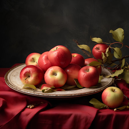 Still life with red apples on a wooden plate on a dark backgroundの素材