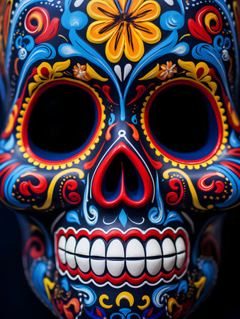 Colorful sugar skull mask on black background. Close-up.の素材