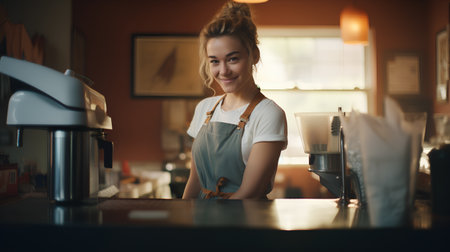 Portrait of young female barista standing behind counter in coffee shopの素材