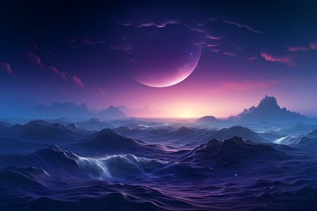 Beautiful fantasy landscape with mountains, ocean and moon. Vector illustrationの素材
