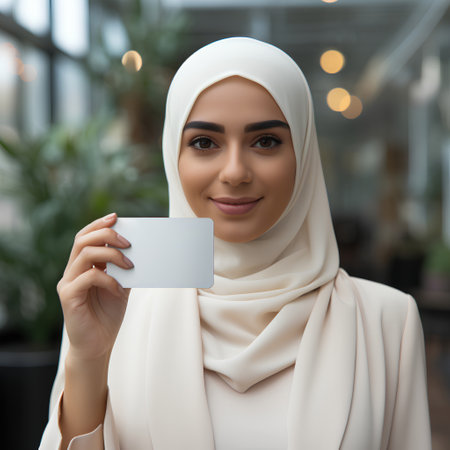 beautiful muslim businesswoman showing blank credit card in modern cafeの素材