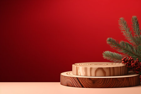 Wooden podium on red background with fir branches. 3D renderの素材