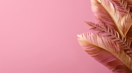 Golden feathers on a pink background. Flat lay. Place for text.の素材