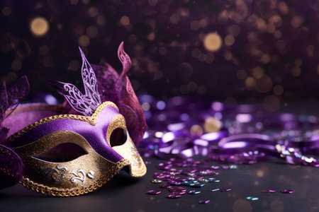 Purple carnival mask with confetti and ribbons on bokeh backgroundの素材