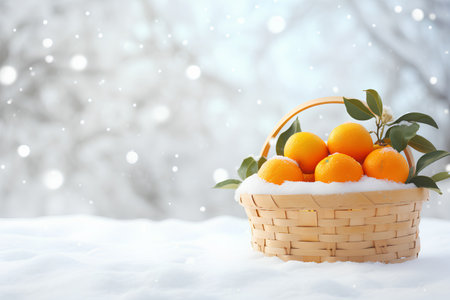 Wicker basket with tangerines on snow. Christmas background.の素材