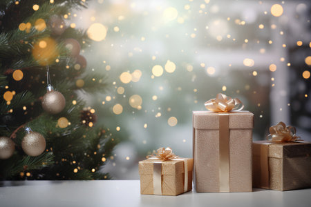 Christmas gift boxes with golden bows on blurred bokeh background.の素材