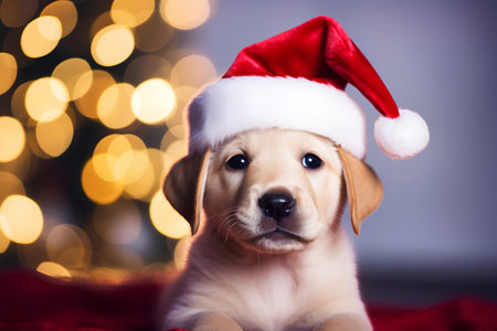 Golden retriever puppy with santa hat on bokeh backgroundの素材