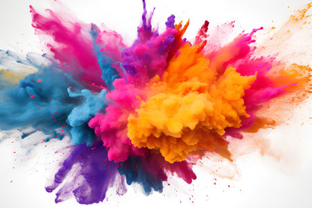 Abstract colored powder explosion isolated on white background. Colorful cloud of paint.の素材