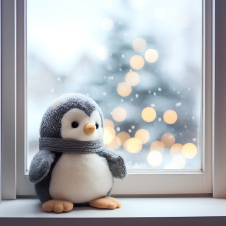Cute little penguin sitting on the window sill with bokeh backgroundの素材